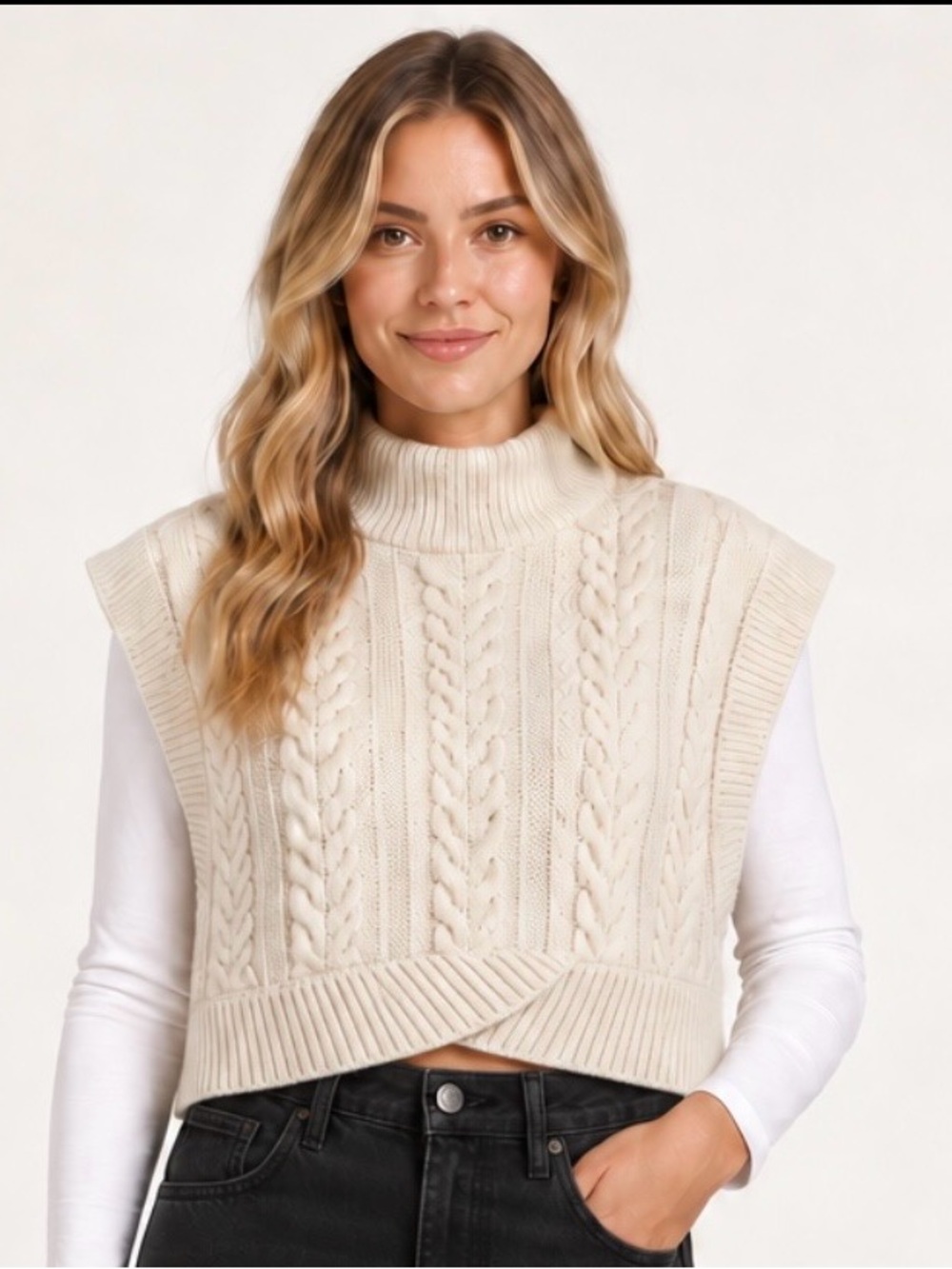 eesome Cream Cable Knit Cropped Vest JUNIOR small NWOT
